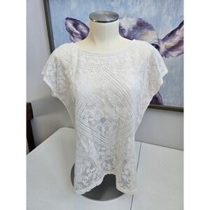 Lauren Ralph Lauren Women's Medium Sheer Cream Lace Short Sleeve‎ Blouse